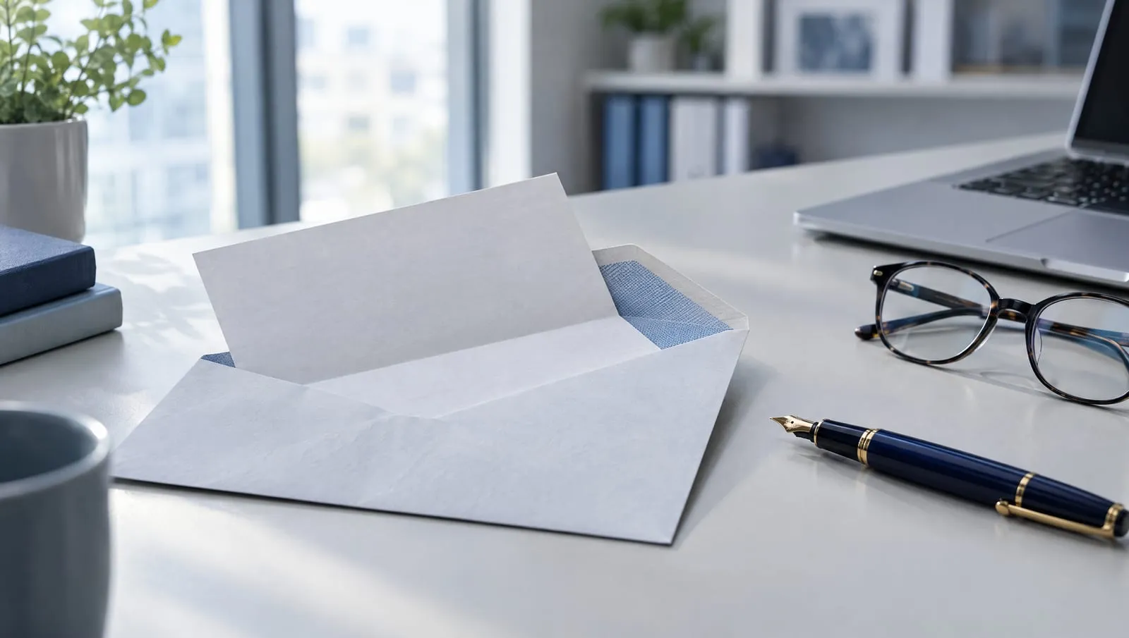 Geöffneter Brief mit Füller und Brille auf einem Schreibtisch