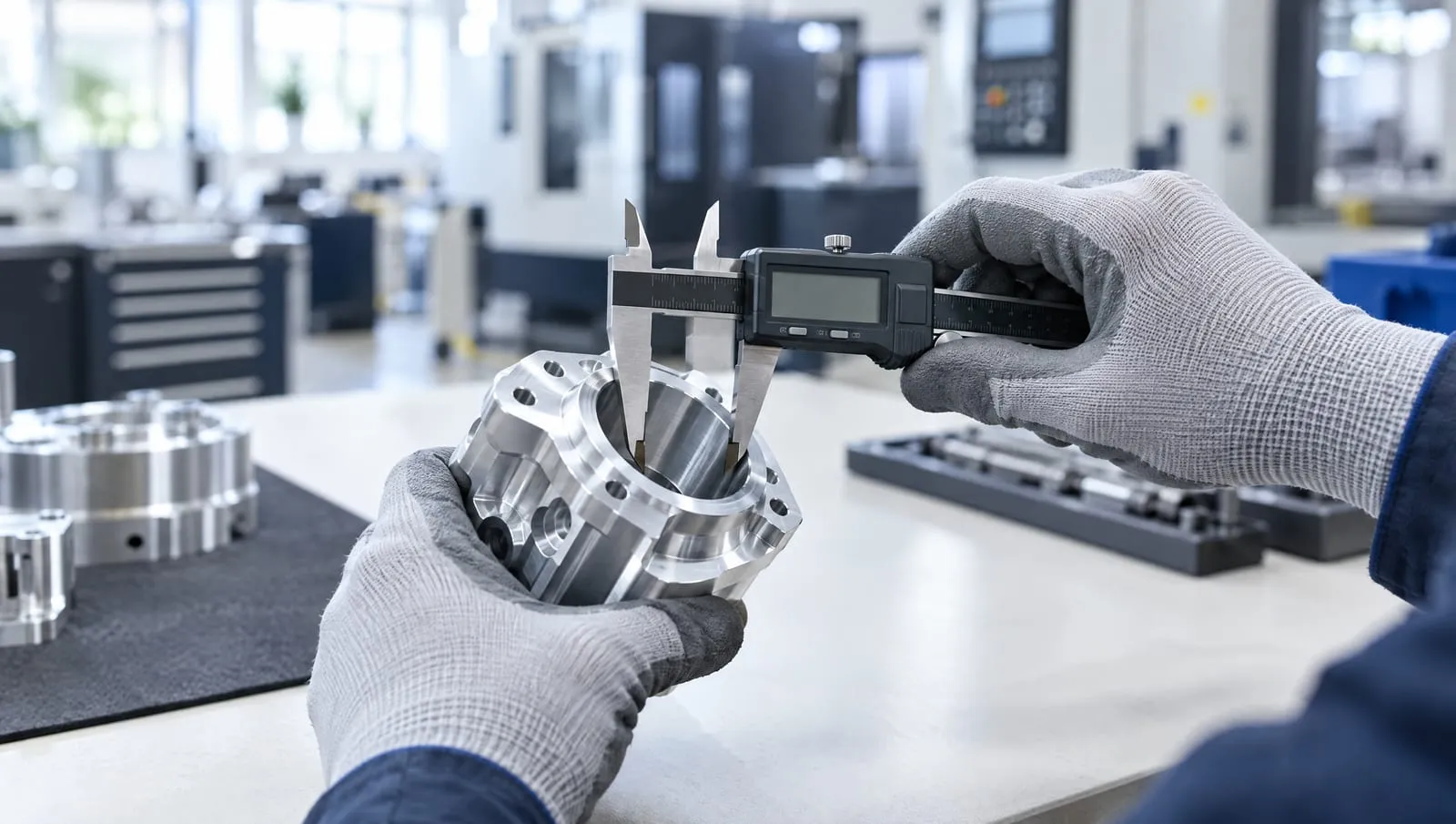 Inspecting a machined part with a caliper on the shop floor